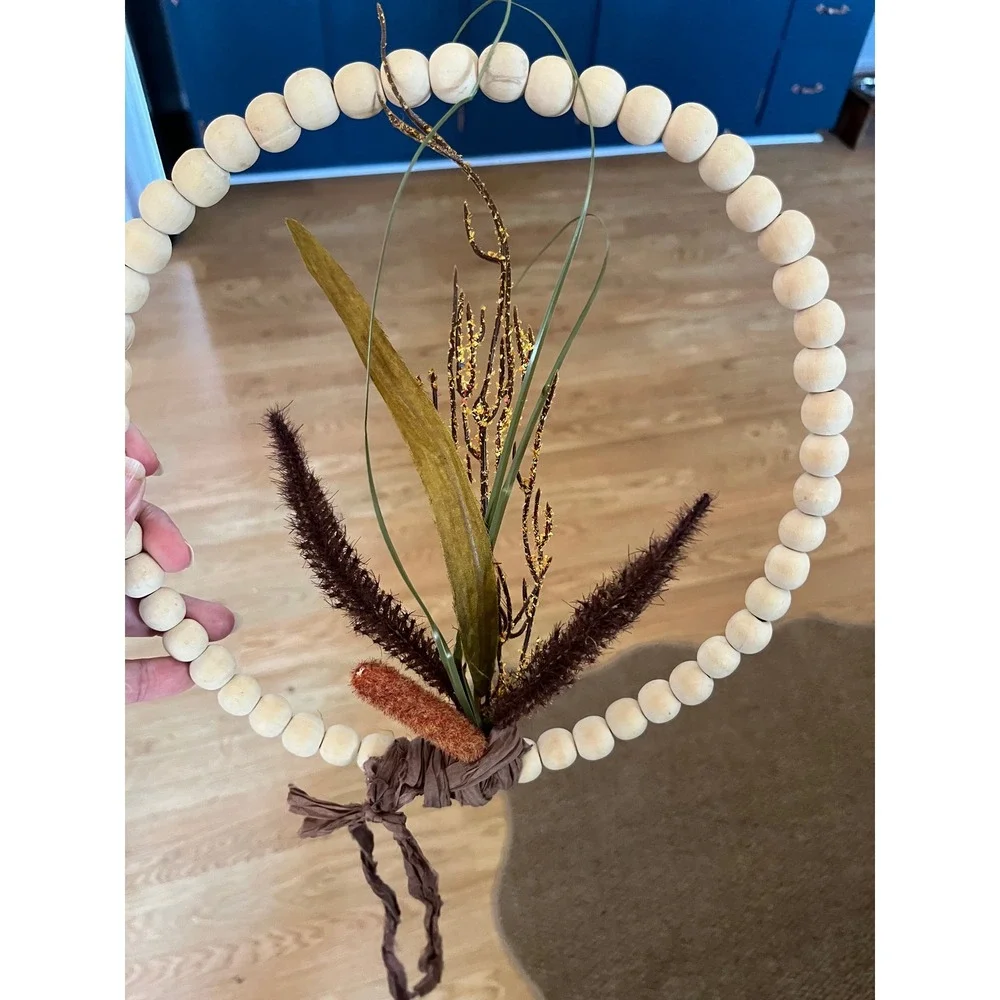 Set of 4 Boho Beaded Hoop Wreaths Gold and Natural Wood Faux Botanical Decor